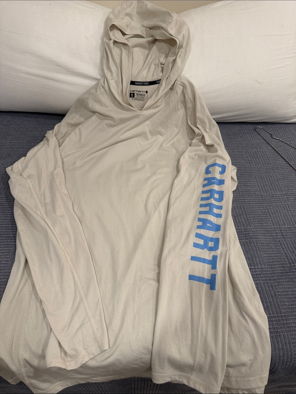 Carhartt Hooded Long Sleeve Tee in Cream with Blue Sleeve Logo